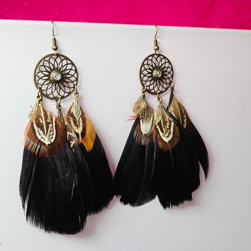 Bohemian Feather Dreamcatcher Earrings Gothic Boho Rhinestone Dangles